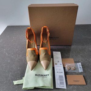 (SOLD) $429 *NEW* BURBERRY Brecon Canvas And Leather Point-toe Court Pumps